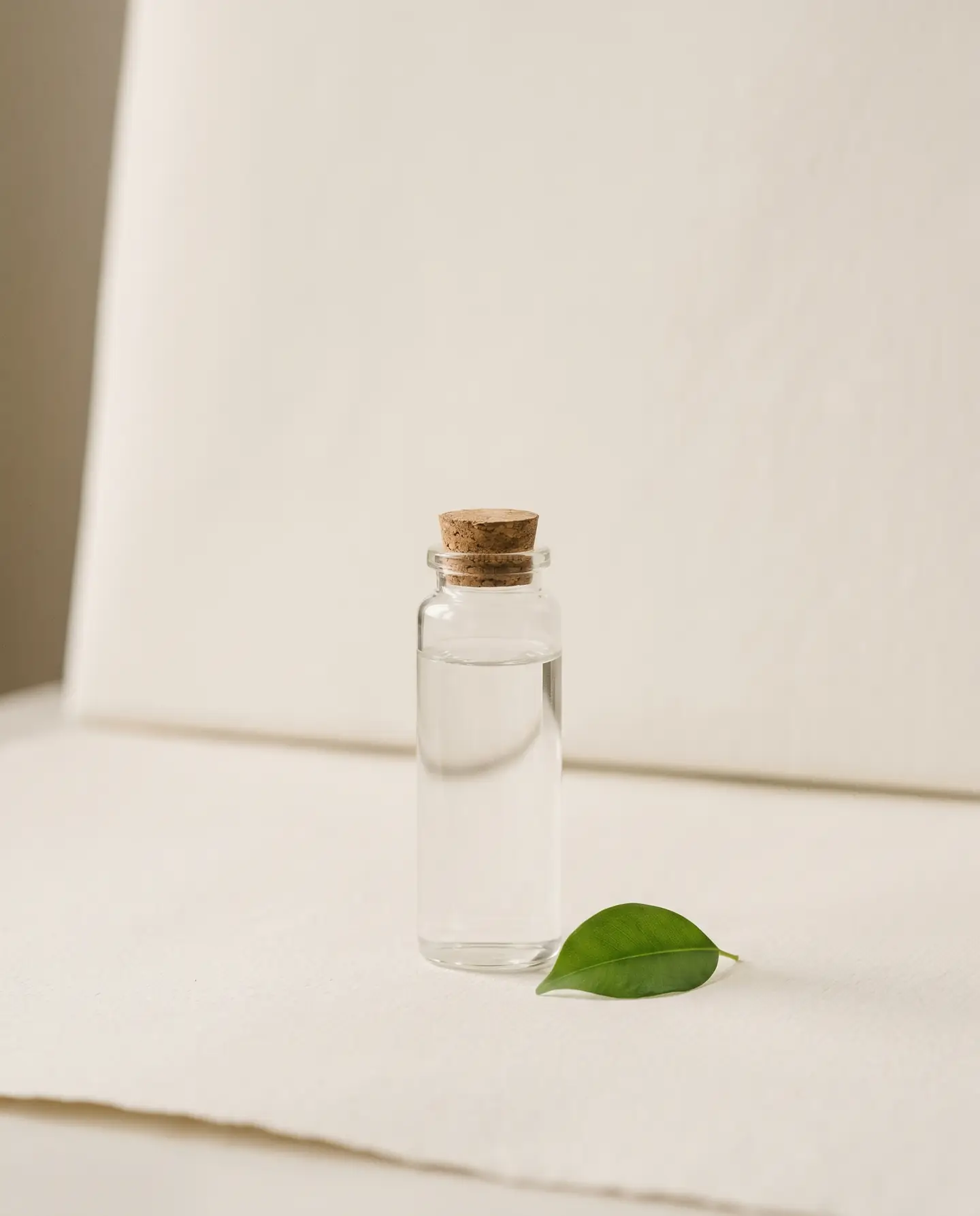 A single clear glass bottle of unscented cleaner beside one green leaf on a warm white surface
