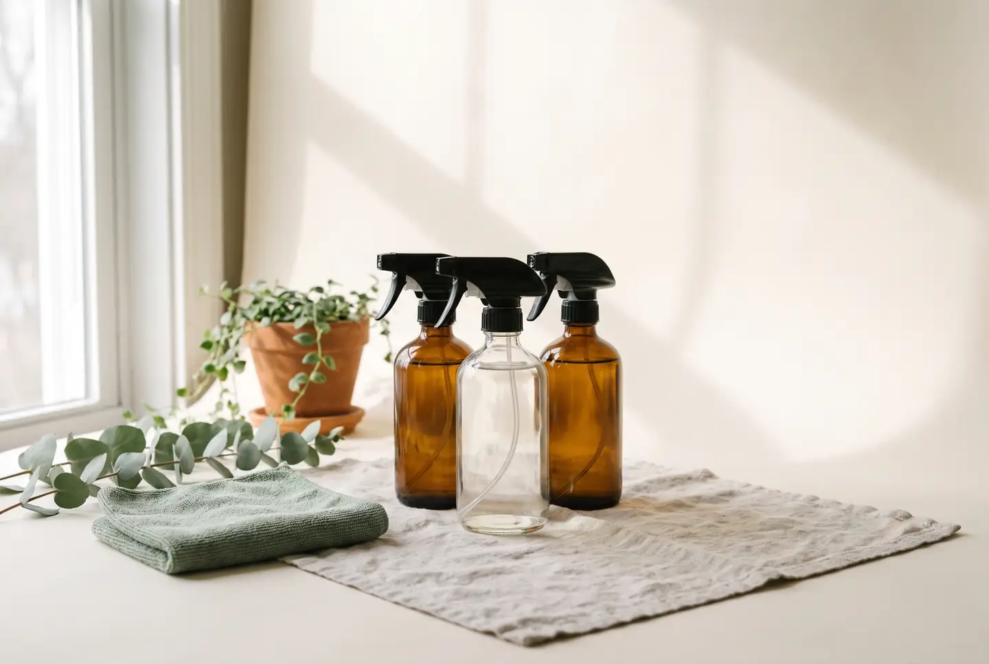 Three unbranded spray bottles of plant-based cleaner on pale linen beside a folded sage microfibre cloth, a eucalyptus sprig and a potted plant in soft window light