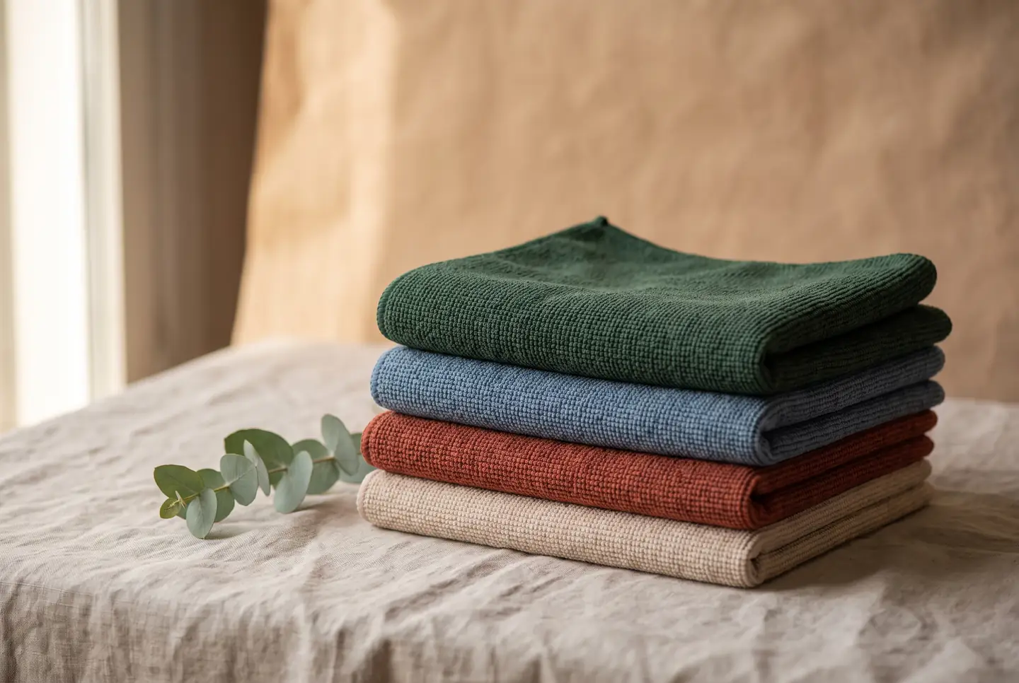 A stack of folded microfibre cloths in deep green, dusty blue, clay red and pale sand on a linen surface