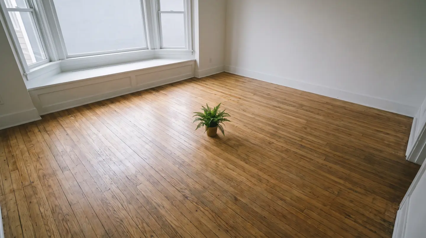 An empty, freshly cleaned room in an older home with bare wood floors and pale daylight through uncovered windows