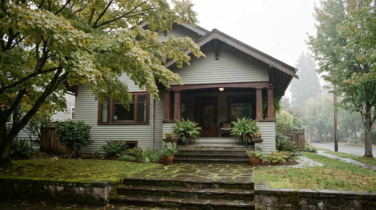 A 1910s Portland craftsman bungalow with a deep porch, ferns and moss on the path, wet from recent rain