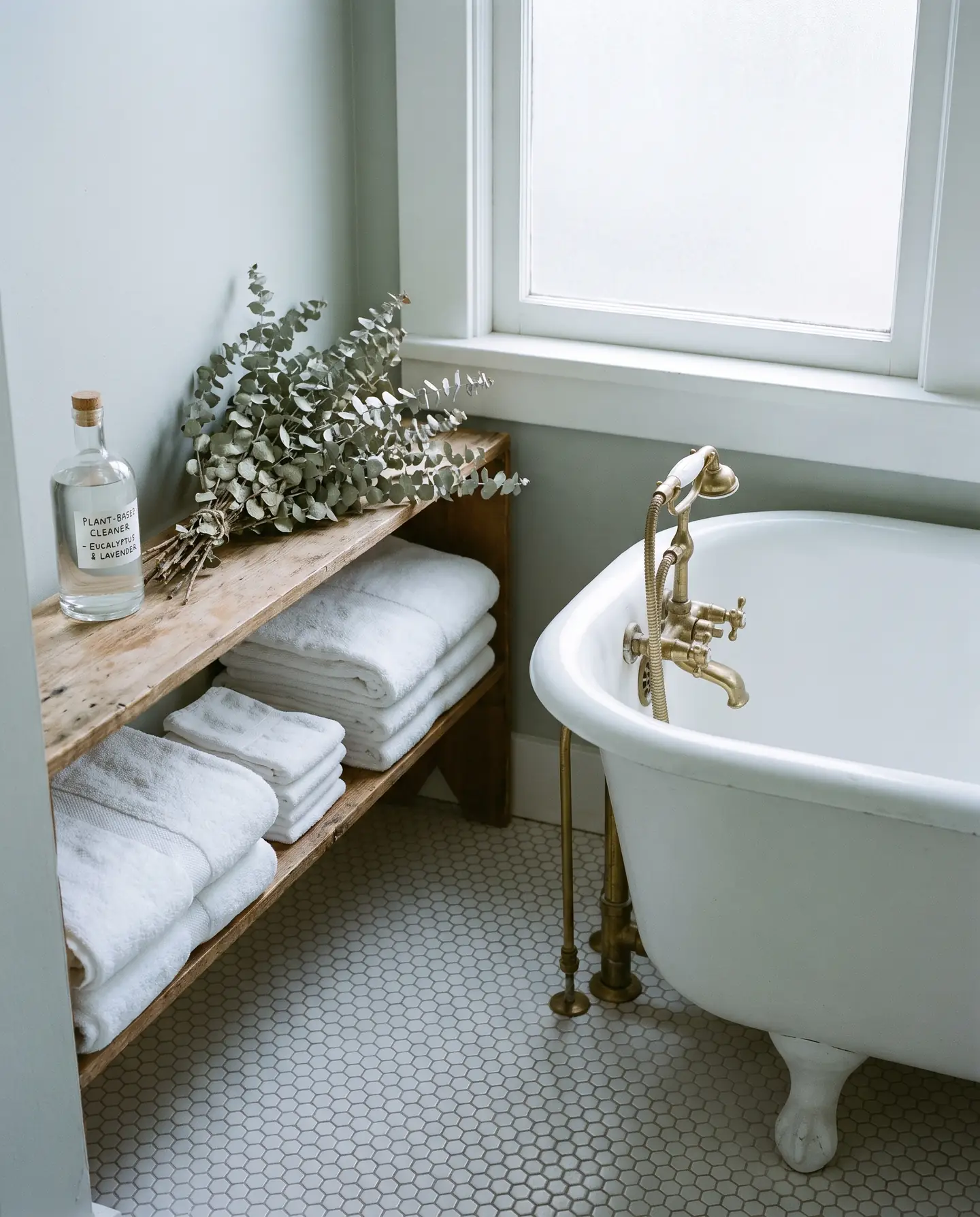 A vintage bathroom with white hexagonal tile, a clawfoot tub and folded white towels