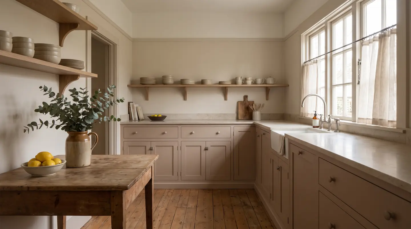 A calm kitchen in a 1920s Portland craftsman home with soft clay cabinets, stone counters and a jug of eucalyptus