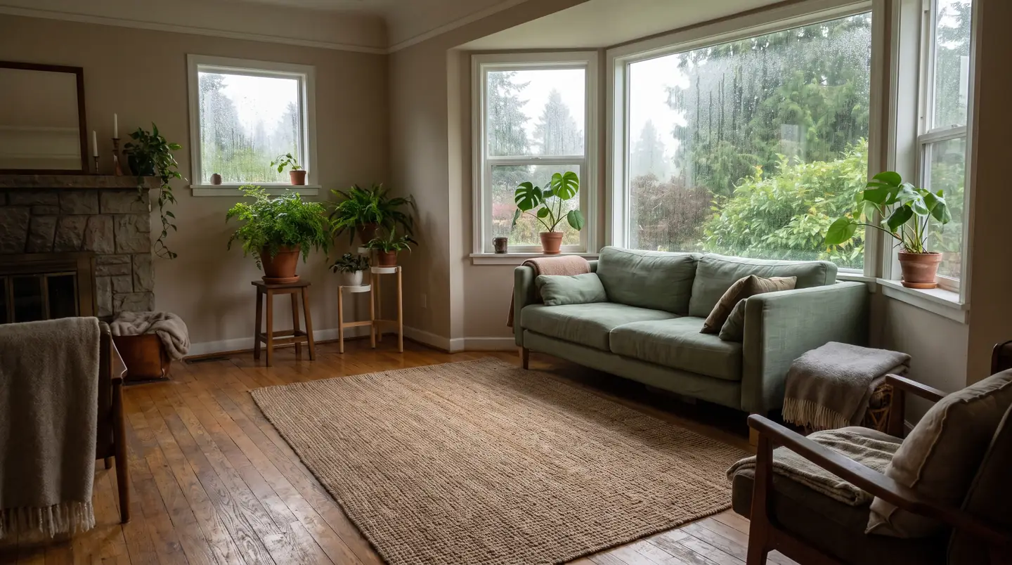 A living room with original oak floorboards, a sage linen sofa, a jute rug and leafy houseplants