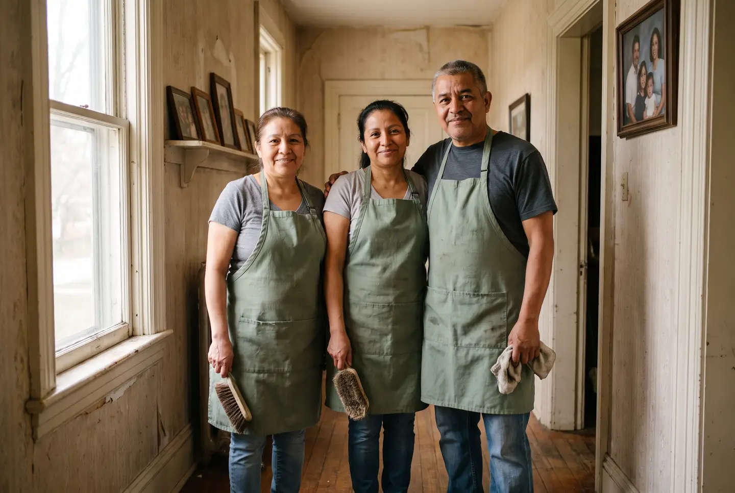 Three cleaners in sage cotton work aprons standing together in the hallway of an older home, holding brushes and a cloth